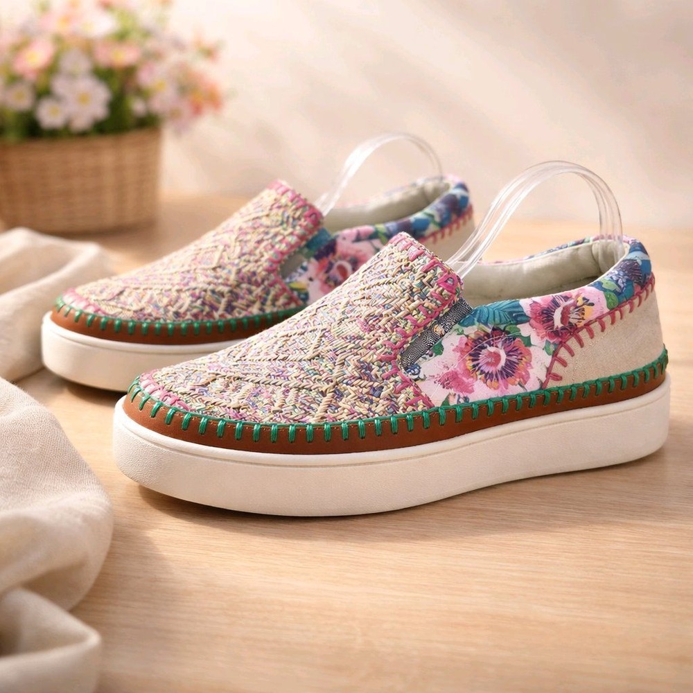 Johnny Was Womens Patchwork Slip On Sneaker Floral Woven Boho Platform Shoes 9M